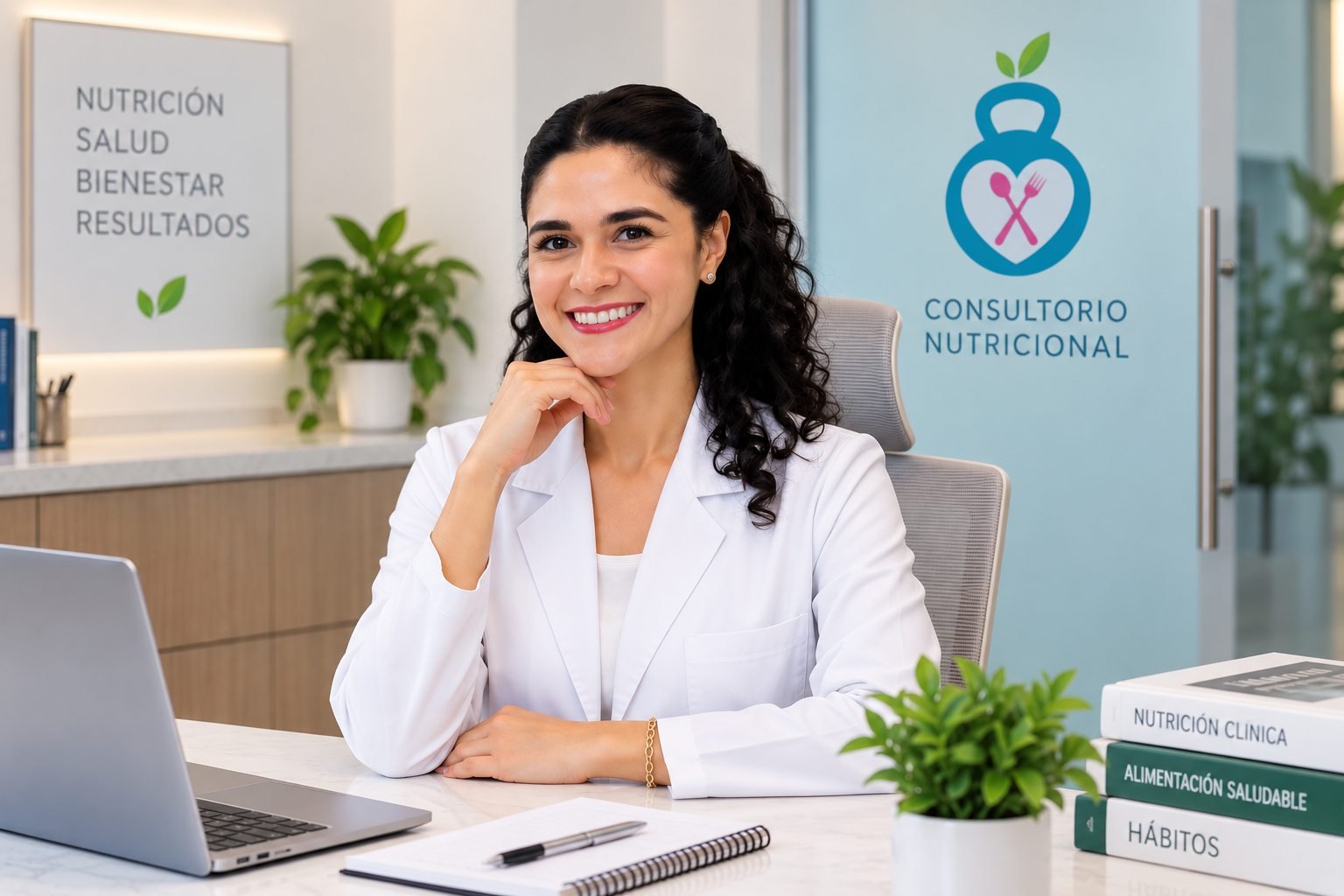 Nutrióloga sonriendo en su escritorio dentro del Consultorio Nutricional